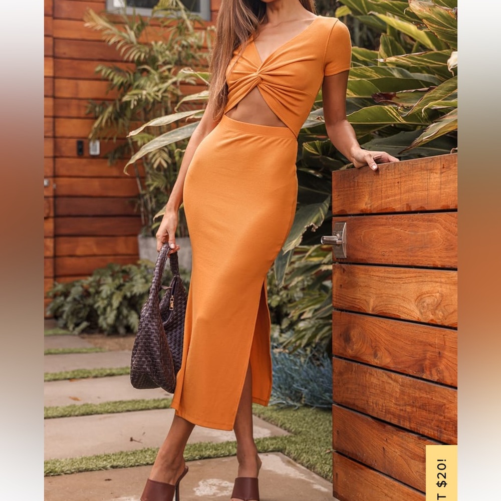 Lulus Style Twist Orange Twist Front Cutout Midi Dress